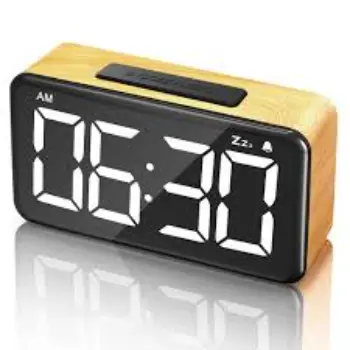Digital Alarm Clock, 6 LED Digit Display Wood Grain Alarm Clock 